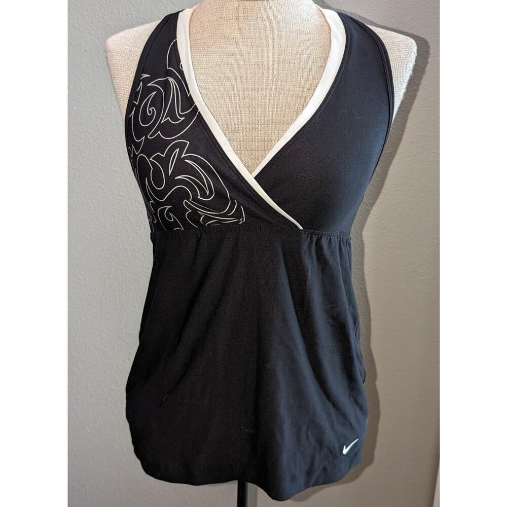 Nike Fit Dry Black White Floral Accent Activewear Built-in Bra Swim Top Sz S